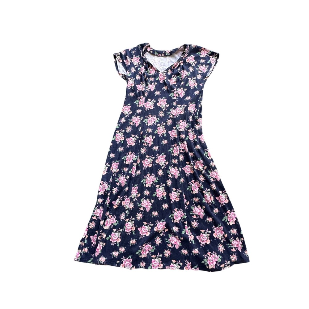 Cottagecore Navy Blue Pink Floral V-Neck Cap Sleeve Midi Dress with Back Tie